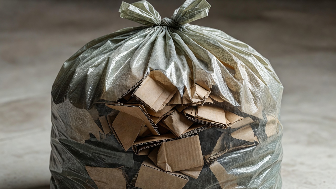 Close-up of flattened cardboard and folded paper fill neatly contained in a closed recycling bag