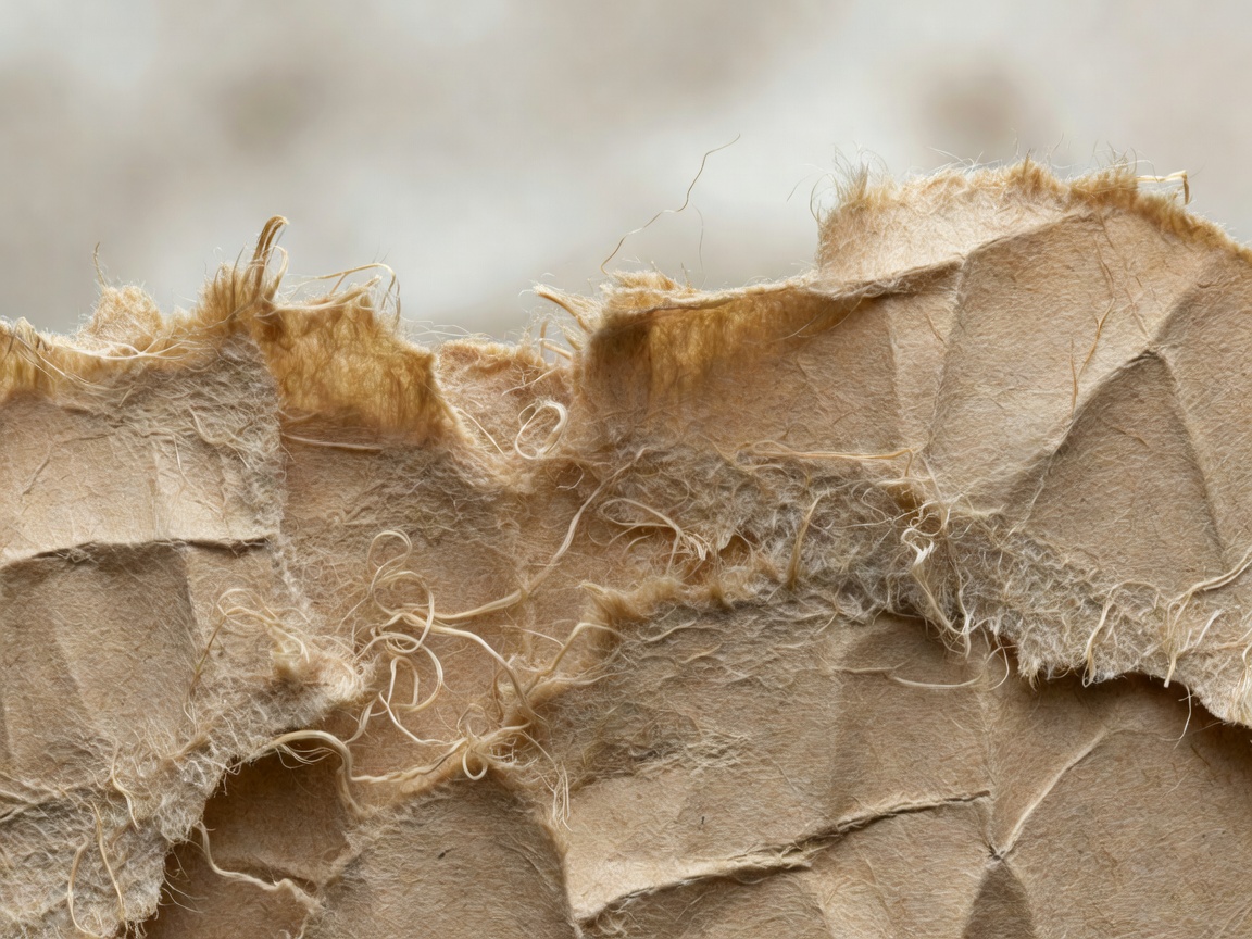Macro photograph of torn brown paper fibre edges with a gently blurred background