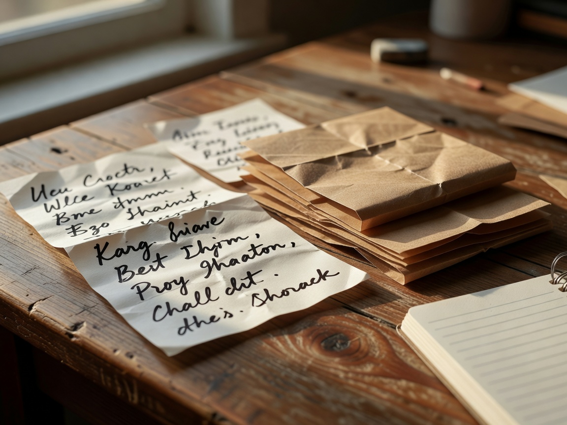 Close-up of handwritten packaging notes beside folded kraft paper samples on a wooden desk