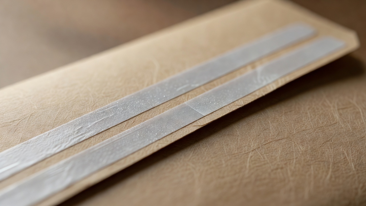 Close-up of a reusable kraft mailer's double adhesive closure strip in shallow depth of field