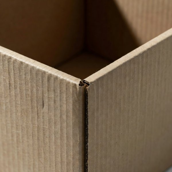 Shallow-focus close-up of a right-sized cardboard box corner with a product fitting snugly inside